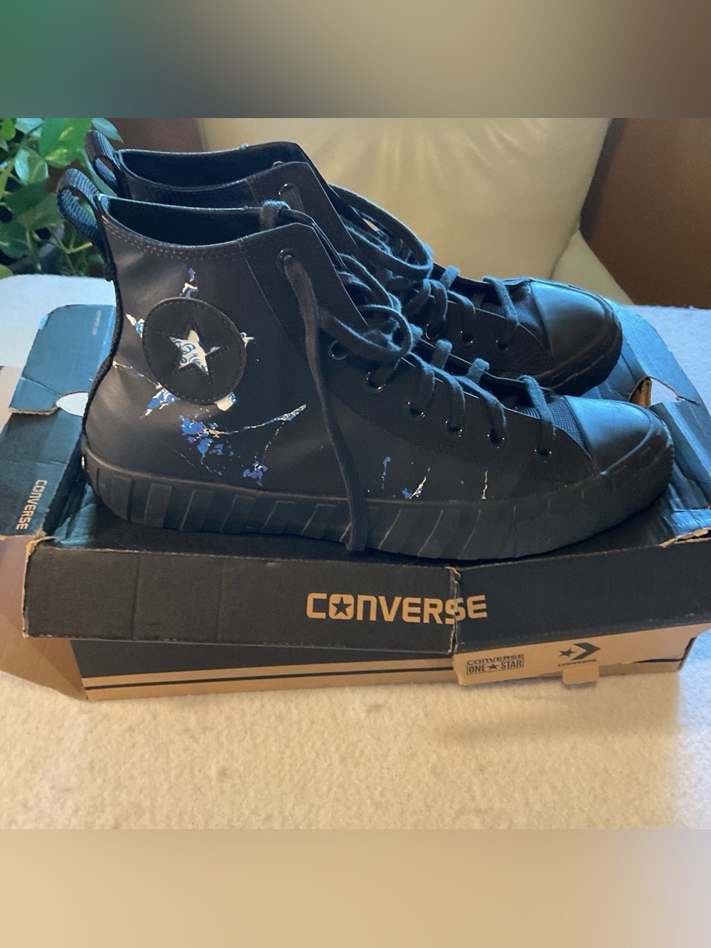 Converse Black High-Top Sneakers with Blue Paint Splatter